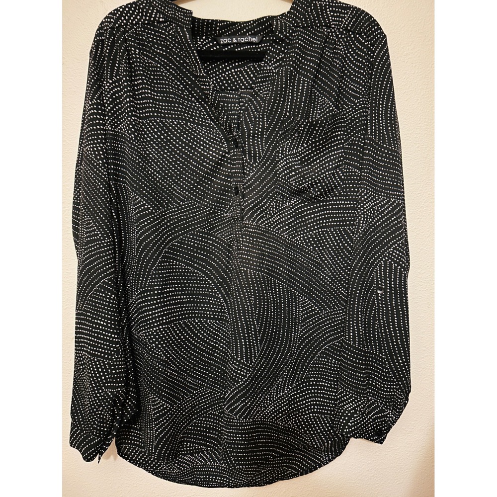 Zac & Rachel Blouse Women Large Black Excellent Abstract Dotted Roll Tab Top